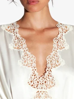 Off-white Long Silk Robe With Macramé
