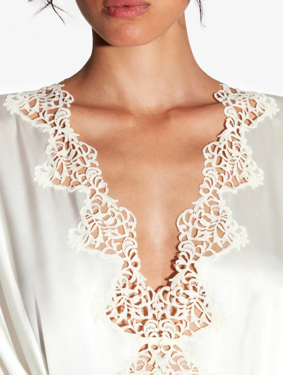 Off-white Long Silk Robe With Macramé