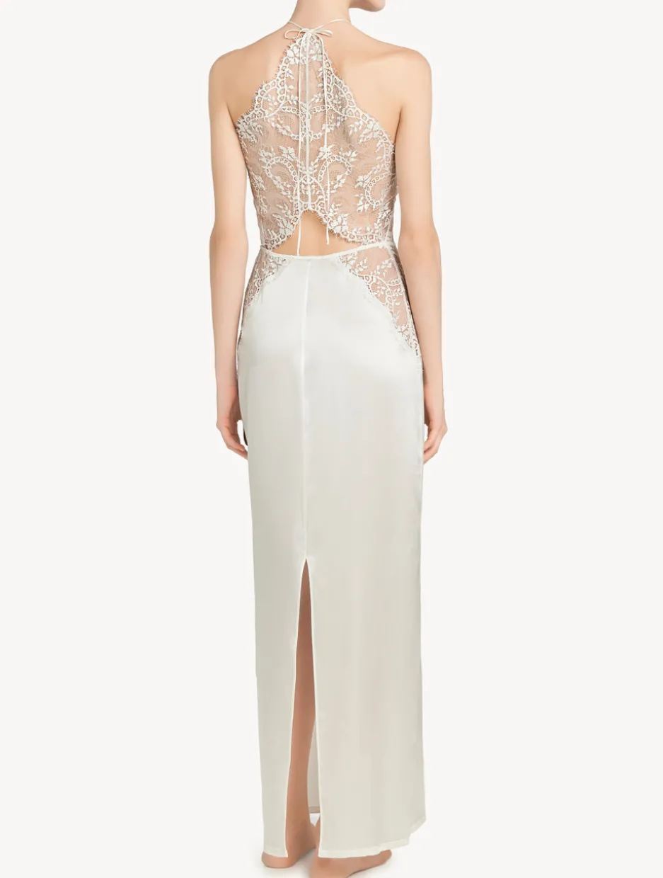 Off-white Silk Halterneck Nightdress With Leavers Lace Trim