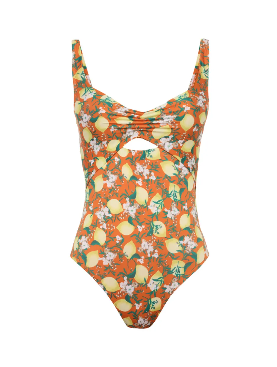 Orange Printed Cut-out Swimsuit