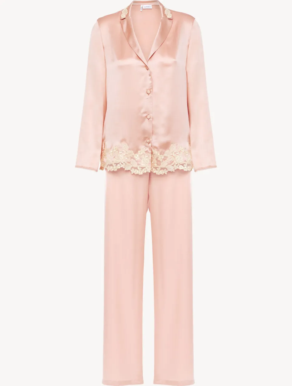 Pink Silk Long Pajamas With Frastaglio