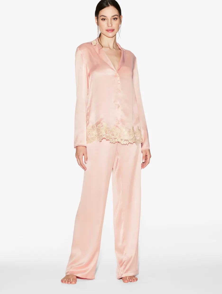 Pink Silk Long Pajamas With Frastaglio