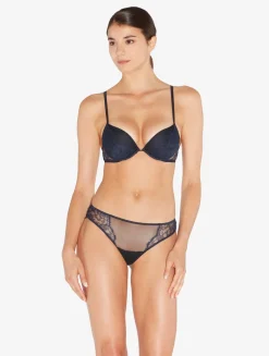 Push-Up Bra In Steel Blue And Black With Leavers Lace