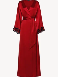Red Long Silk Robe With Frastaglio