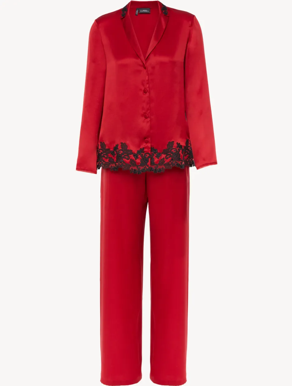 Red Silk Long Pajamas With Frastaglio