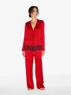 Red Silk Long Pajamas With Frastaglio