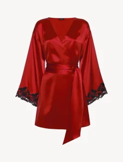 Red Silk Satin Short Robe With Frastaglio