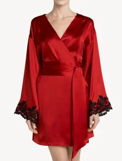 Red Silk Satin Short Robe With Frastaglio