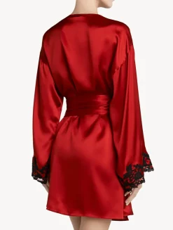 Red Silk Satin Short Robe With Frastaglio