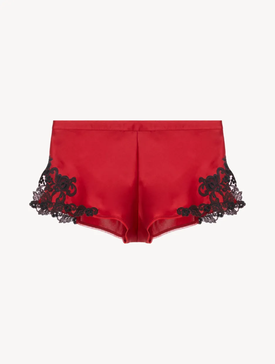 Red Silk Satin Sleep Shorts With Frastaglio