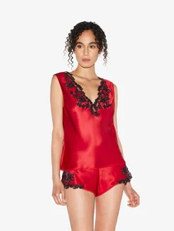 Red Silk Satin Top With Frastaglio
