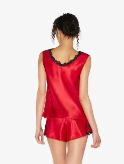 Red Silk Satin Top With Frastaglio