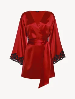 Red Silk Short Robe With Frastaglio