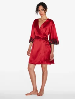 Red Silk Short Robe With Black Frastaglio