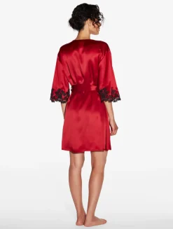 Red Silk Short Robe With Black Frastaglio