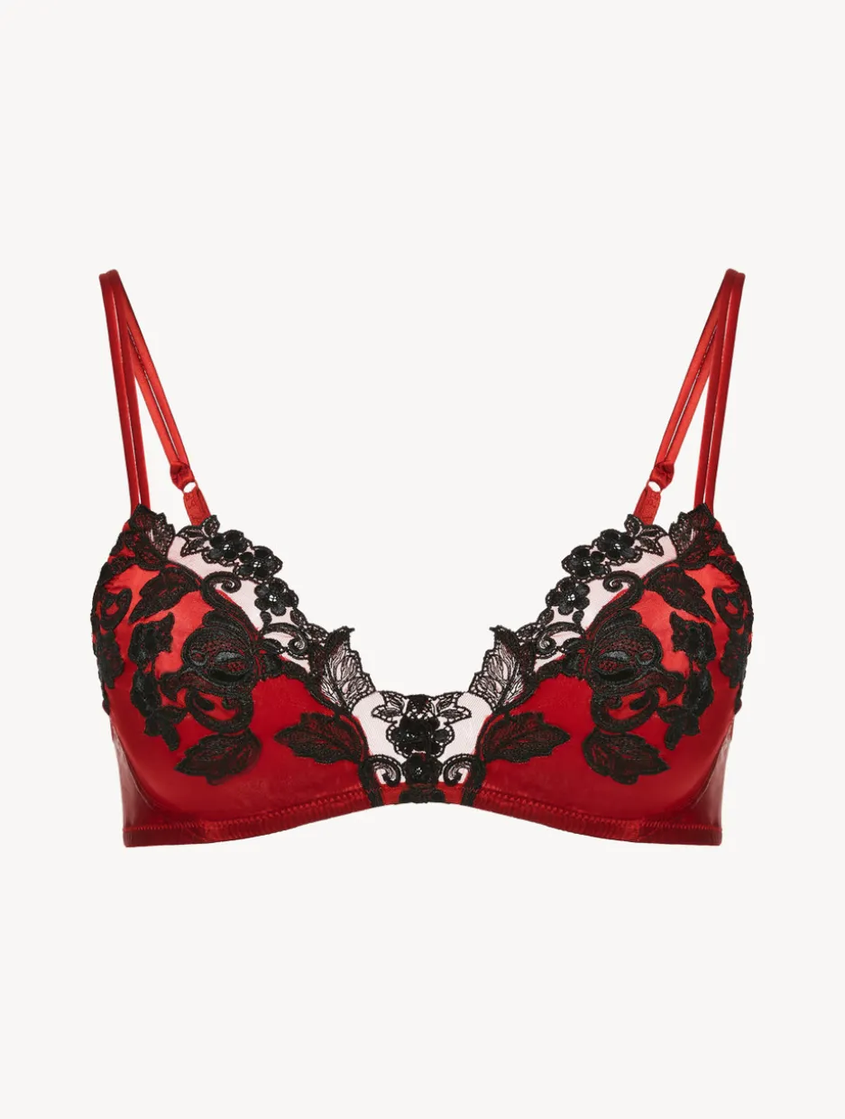 Red Silk Triangle Bra With Black Frastaglio