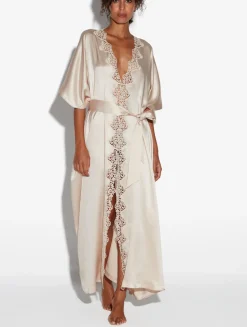 Rose Beige Long Silk Robe With Macramé