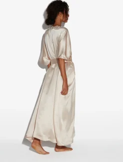 Rose Beige Long Silk Robe With Macramé