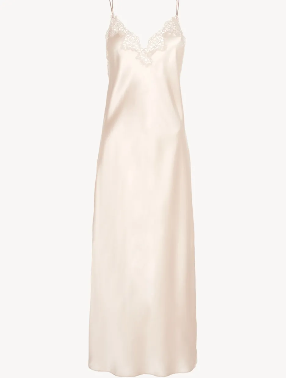 Rose Beige Silk Long Nightgown With Macramé
