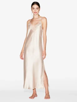 Rose Beige Silk Long Nightgown With Macramé