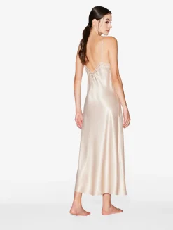 Rose Beige Silk Long Nightgown With Macramé