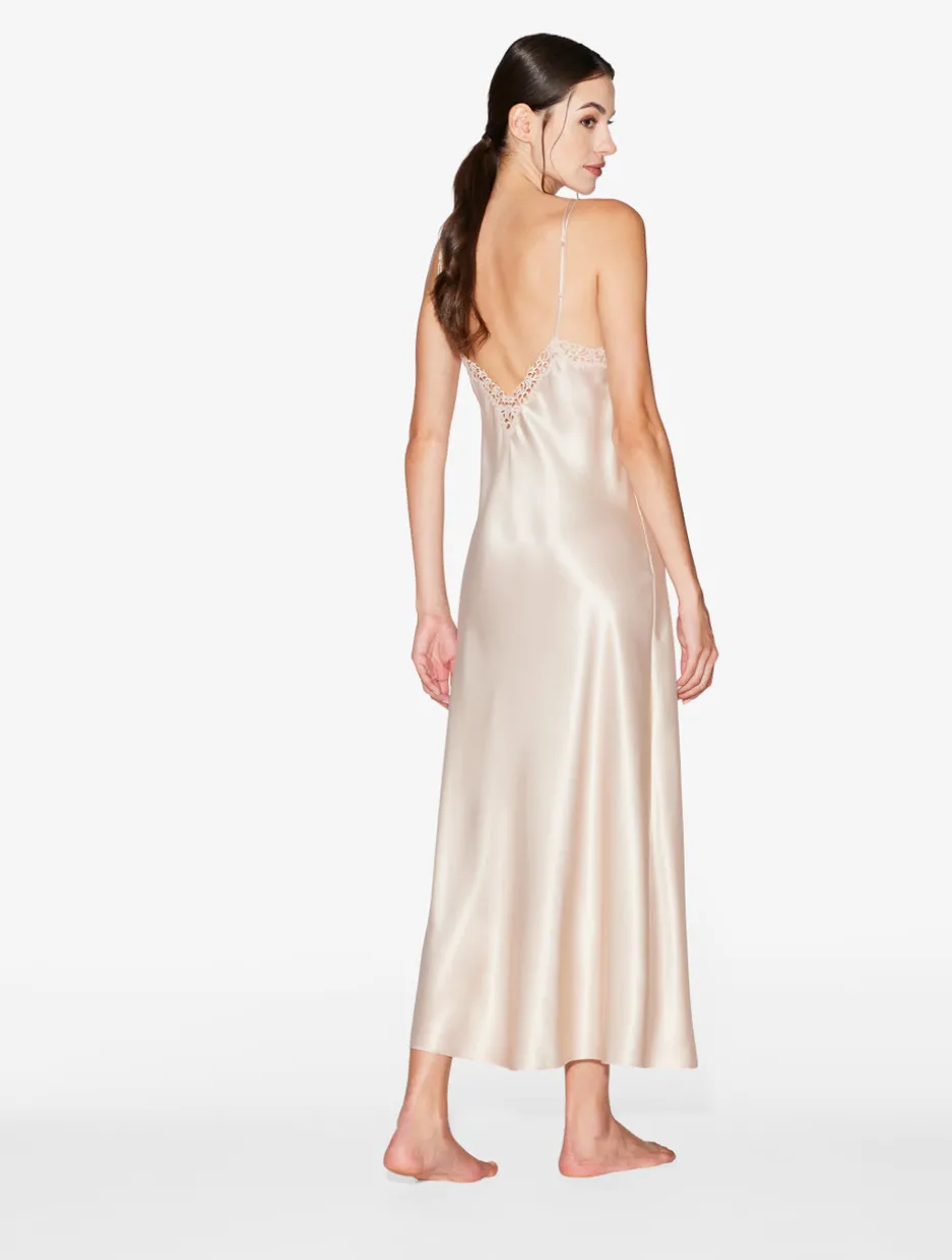 Rose Beige Silk Long Nightgown With Macramé