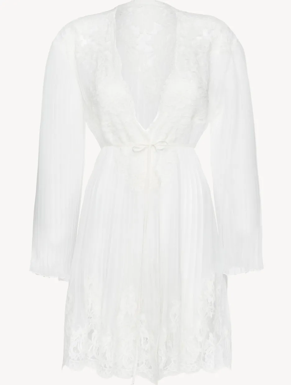 Short Robe In Off White With Cotton Leavers Lace