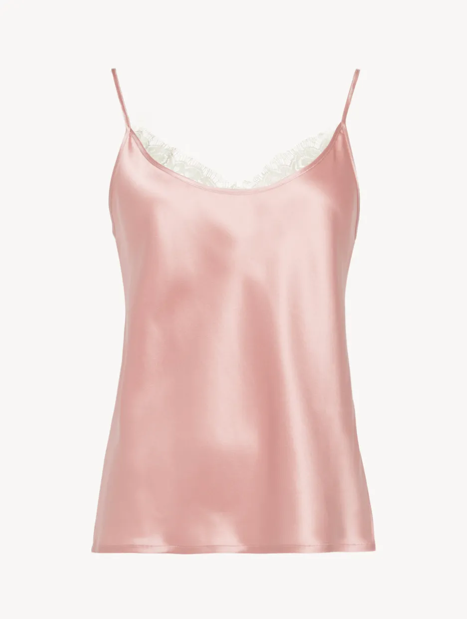 Silk Camisole Top With Leavers Lace In Pink