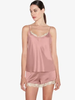 Silk Camisole Top With Leavers Lace In Pink