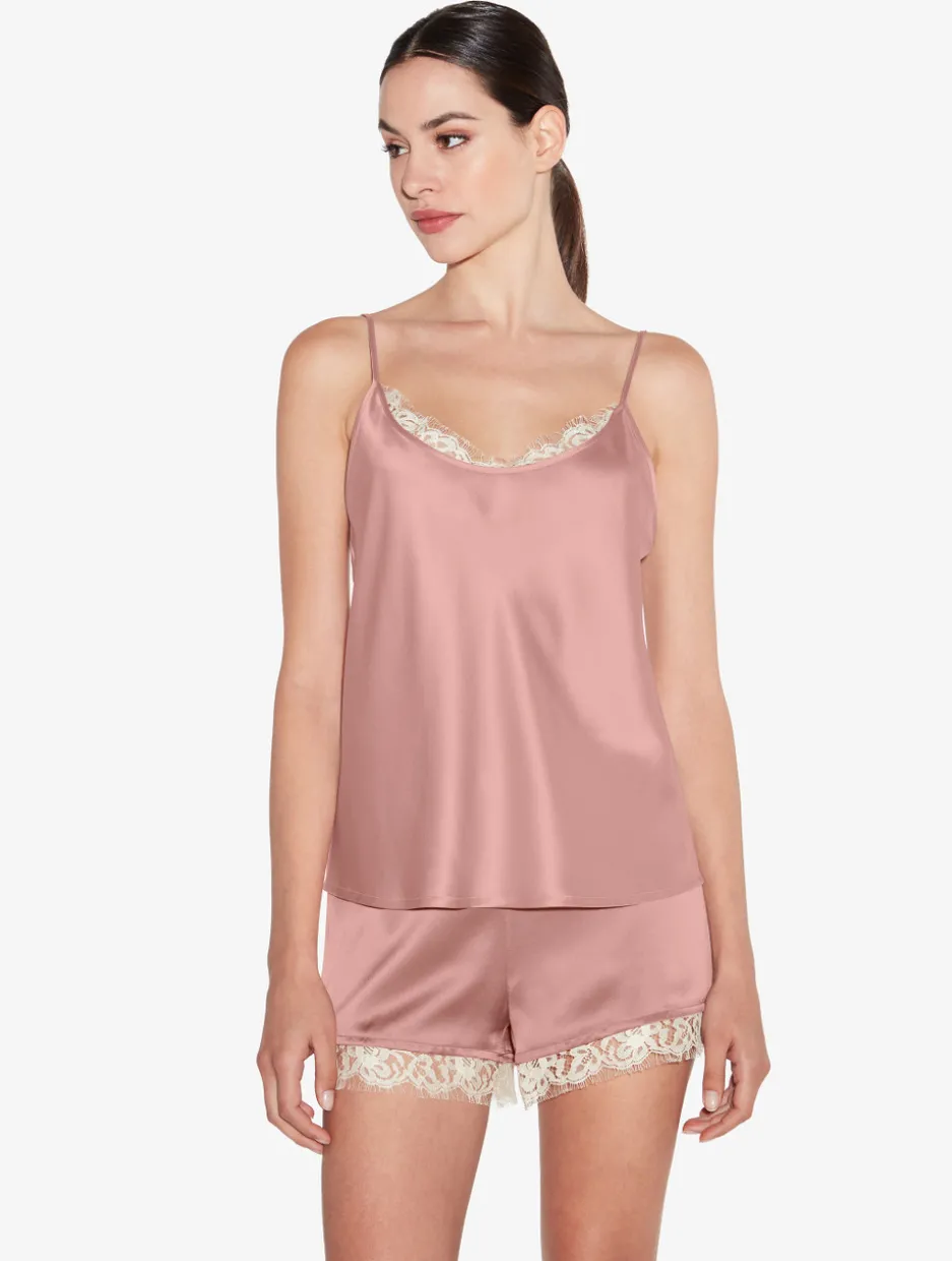 Silk Camisole Top With Leavers Lace In Pink