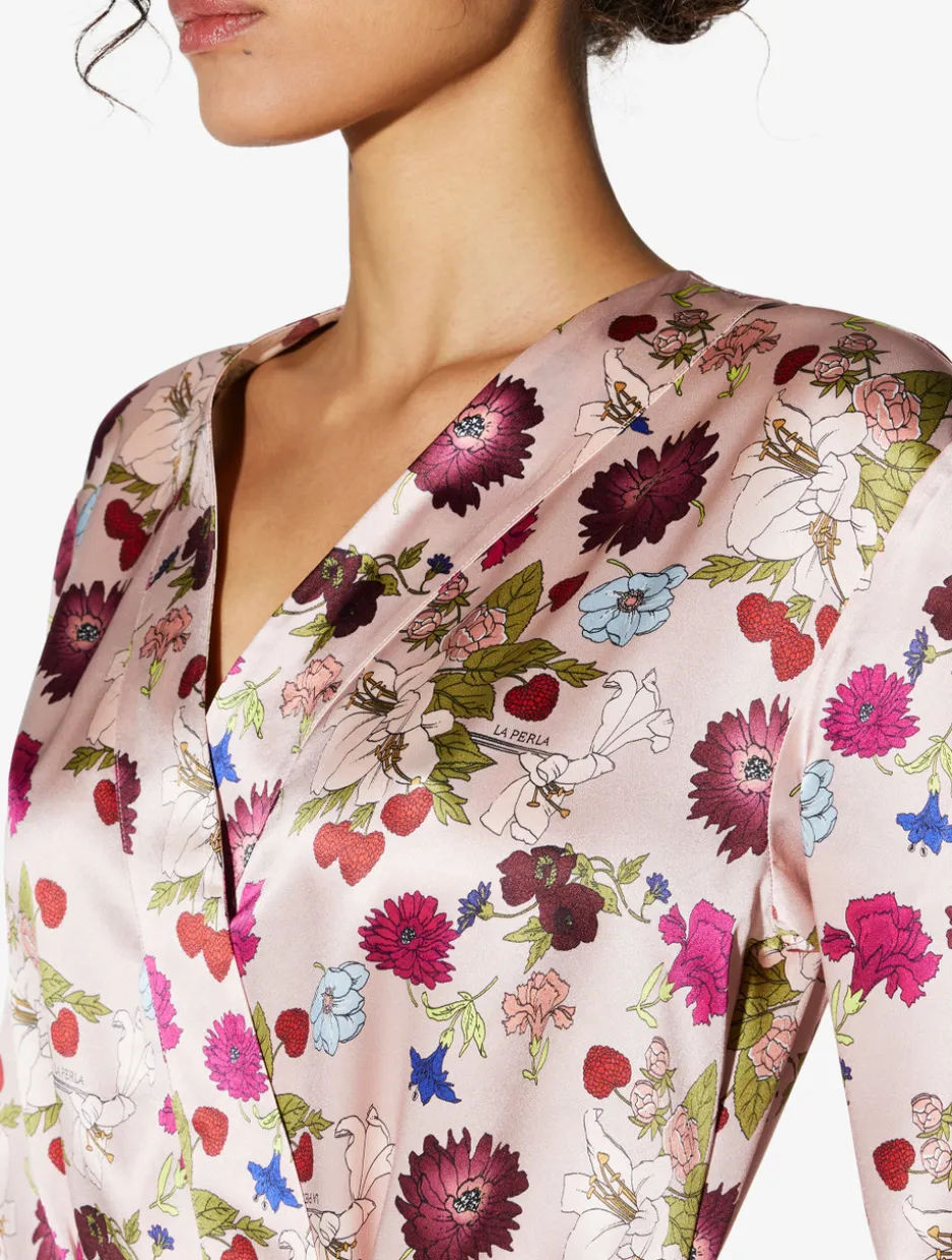 Silk Floral Print Short Robe