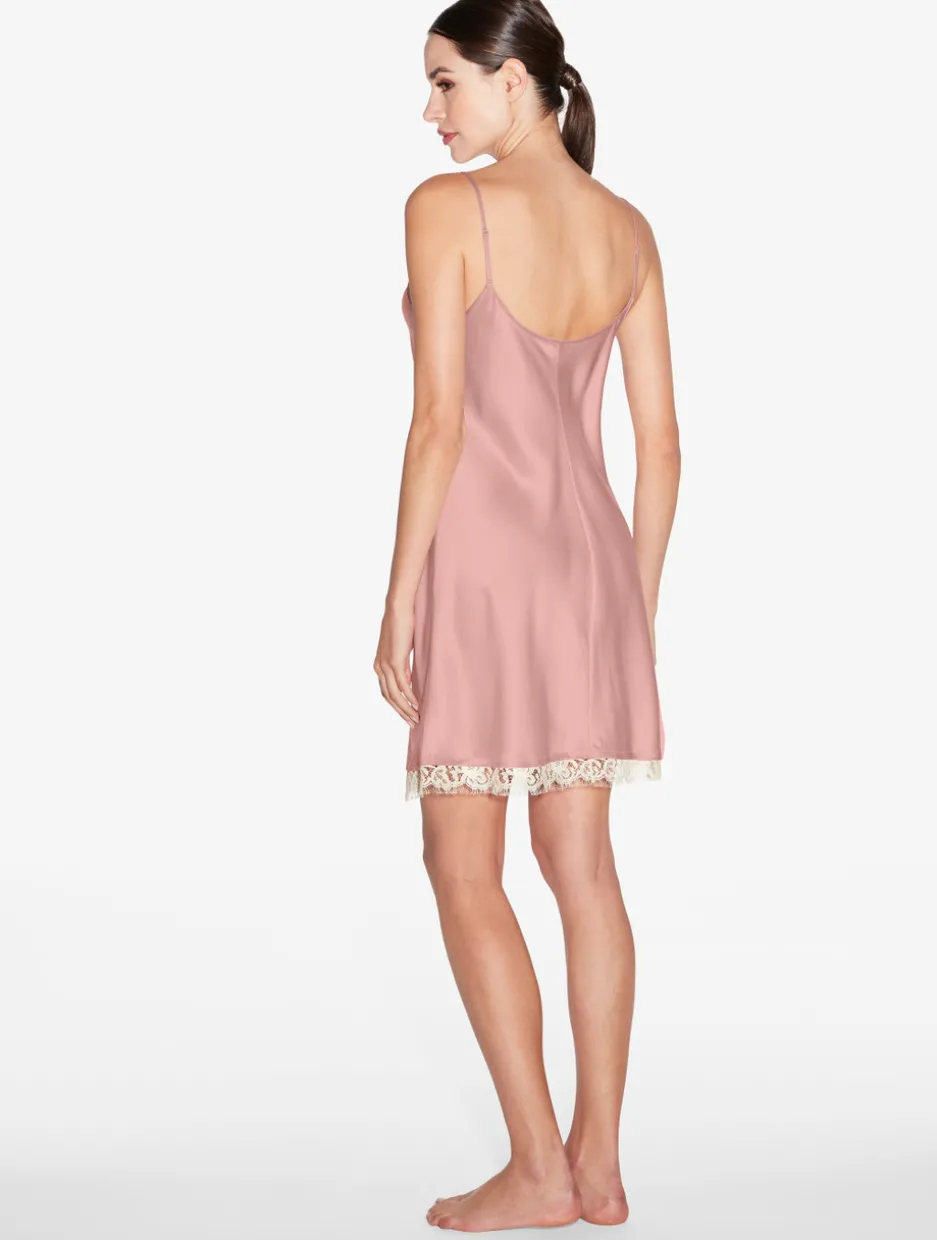 Silk Slip With Leavers Lace In Pink
