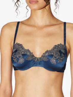 Silk Underwired Bra In Blue With Frastaglio
