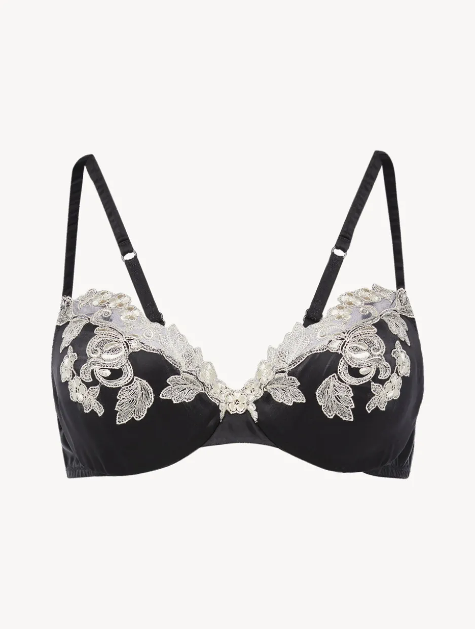 Silk Underwired Bra In Black With Ivory Frastaglio