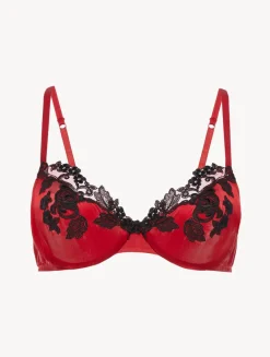Silk Underwired Bra In Red With Black Frastaglio