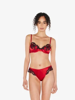 Silk Underwired Bra In Red With Black Frastaglio