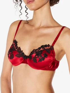 Silk Underwired Bra In Red With Black Frastaglio