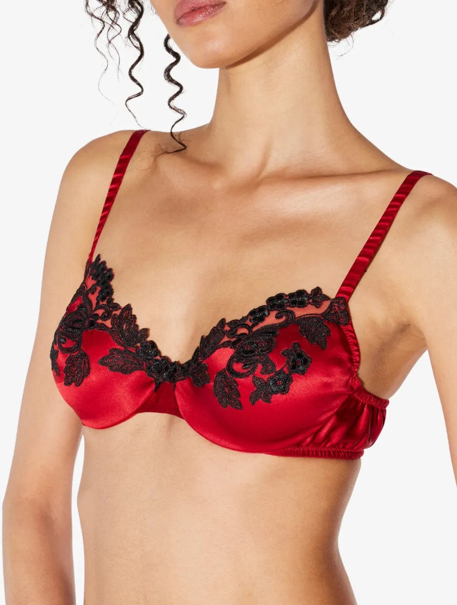 Silk Underwired Bra In Red With Black Frastaglio