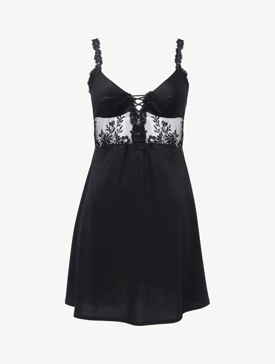 Slip Dress In Black Modal With Embroidered Tulle