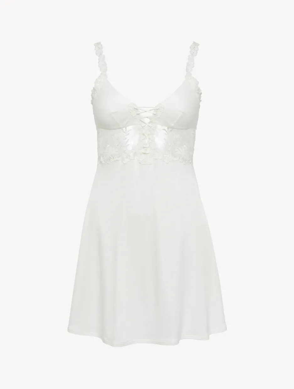 Slip Dress In Off-white Modal With Embroidered Tulle