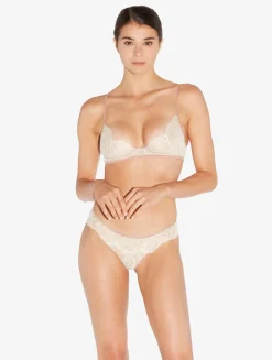 Soft Bralette In Linen And Nude Rose With Leavers Lace