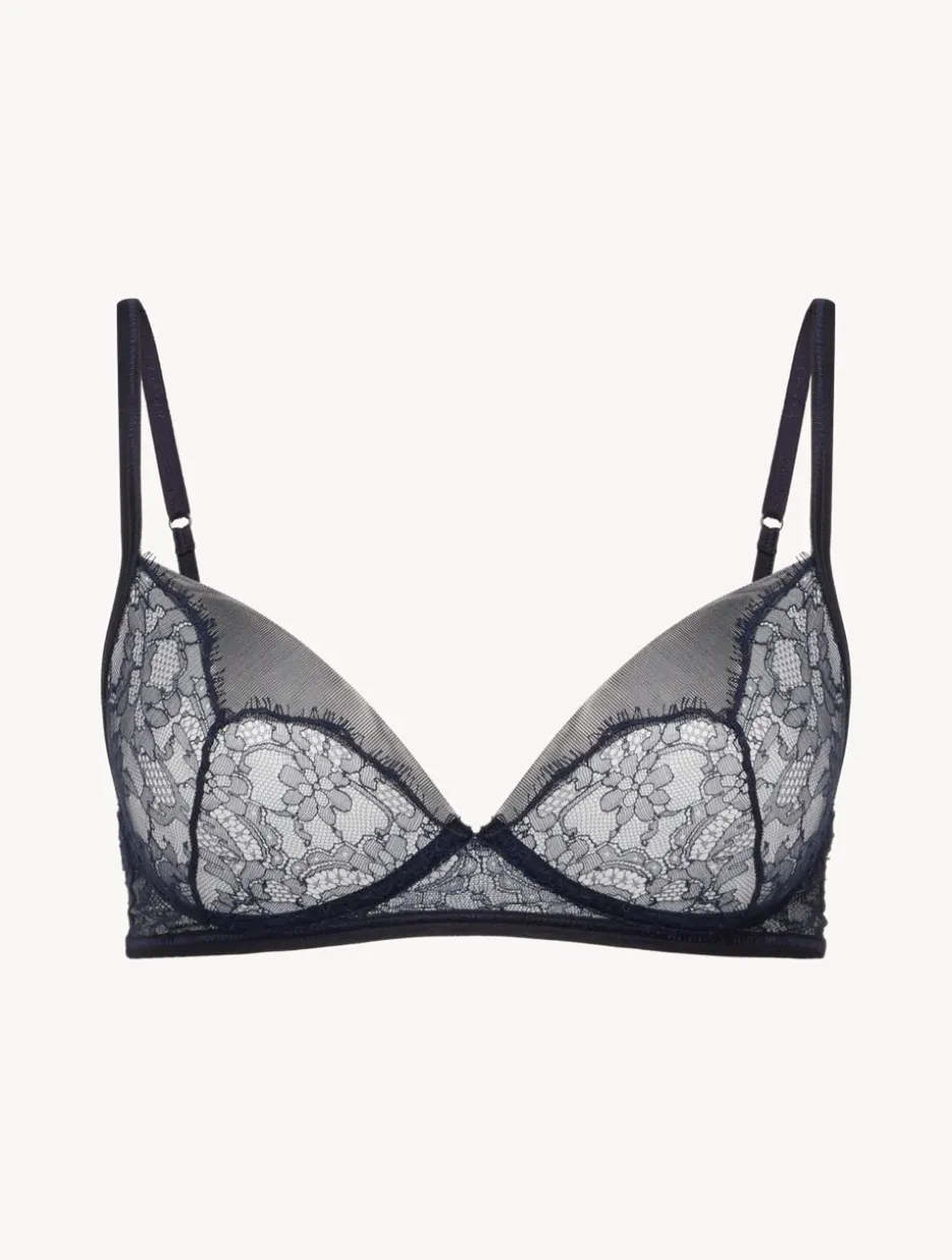 Soft Bralette In Steel Blue And Black With Leavers Lace