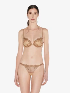 Thong In Beige Lycra With Embroidered Tulle