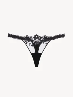 Thong In Black Lycra With Embroidered Tulle