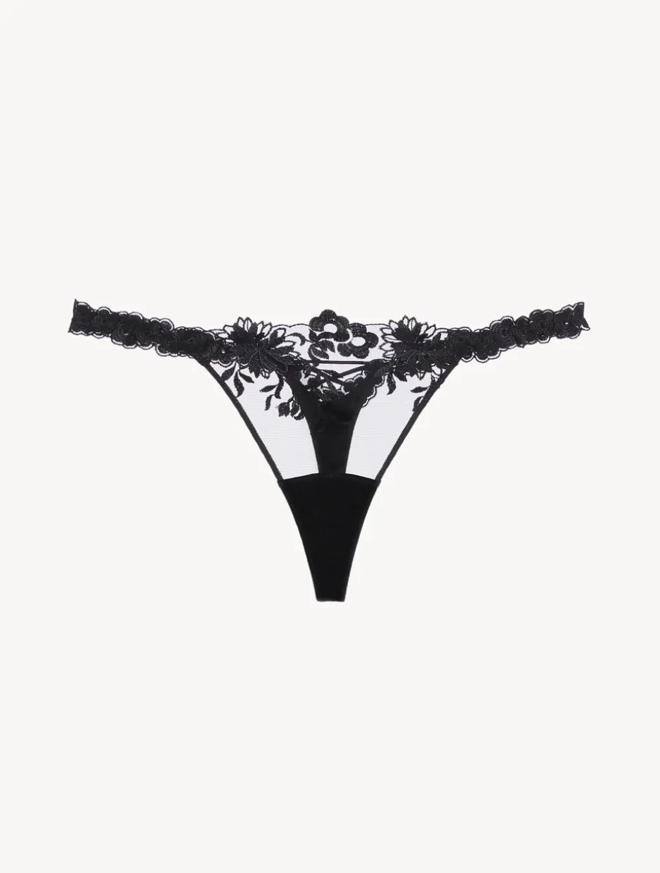 Thong In Black Lycra With Embroidered Tulle