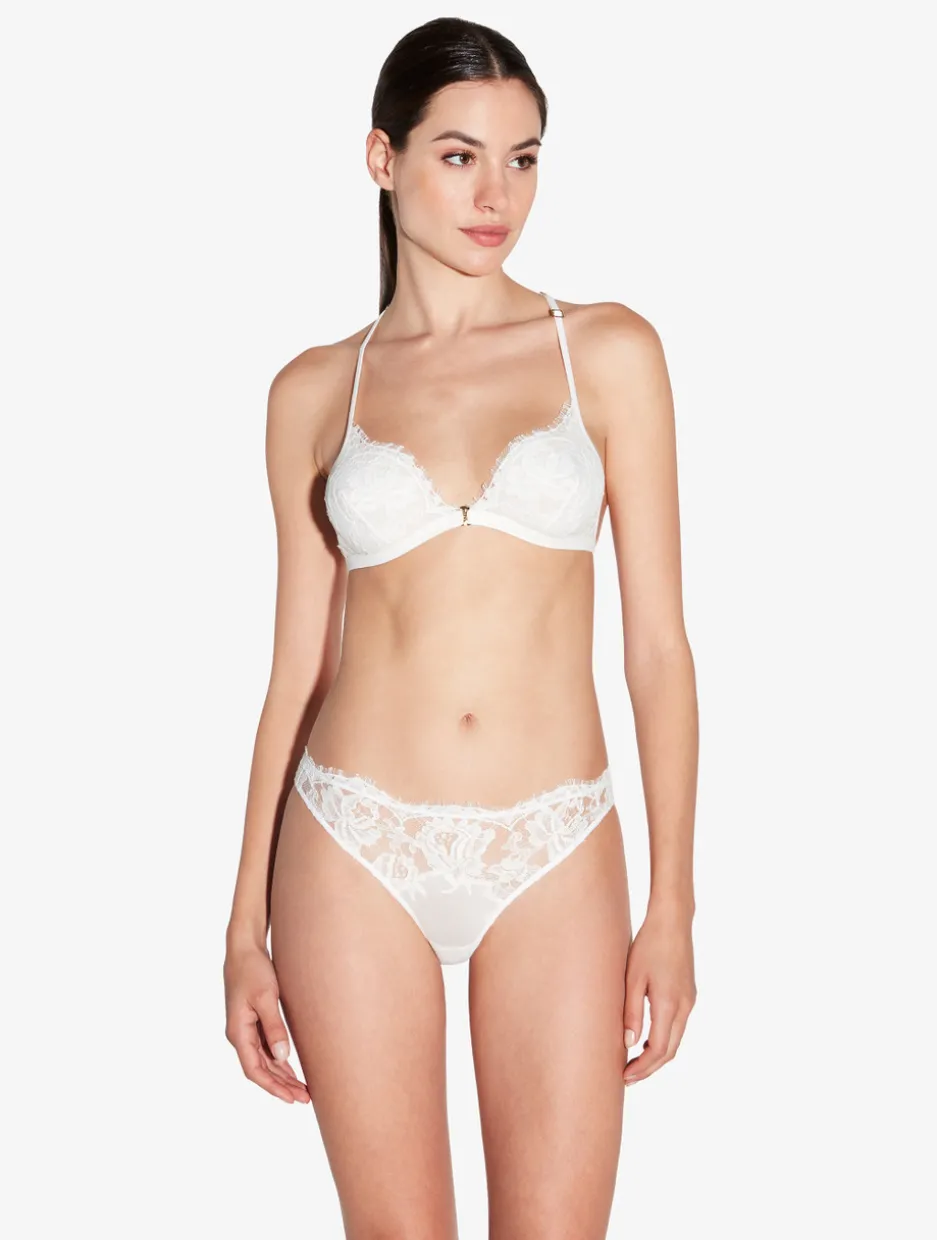 Thong In Off White With Cotton Leavers Lace