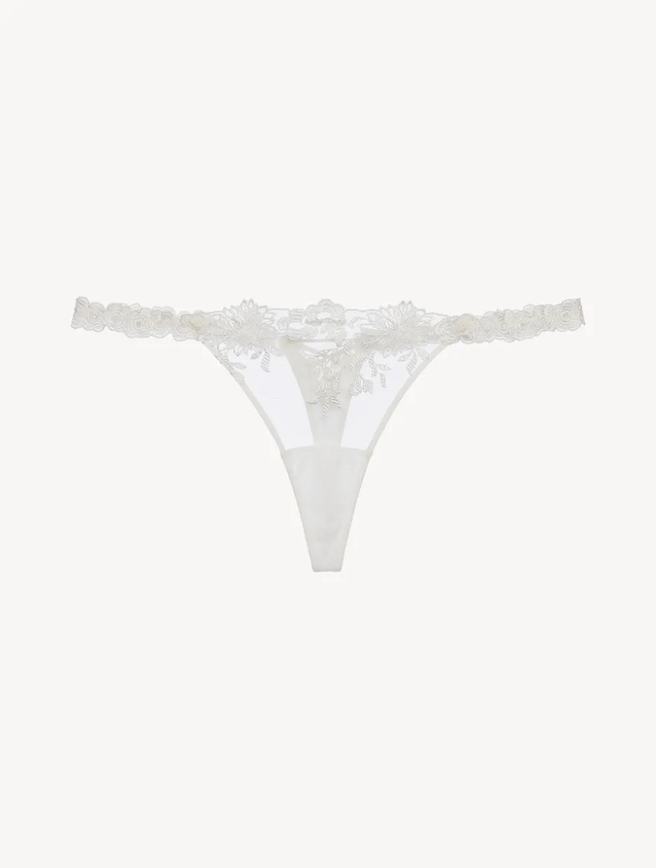 Thong In Off-white Lycra With Embroidered Tulle