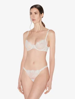 Thong In Off-white Lycra With Embroidered Tulle