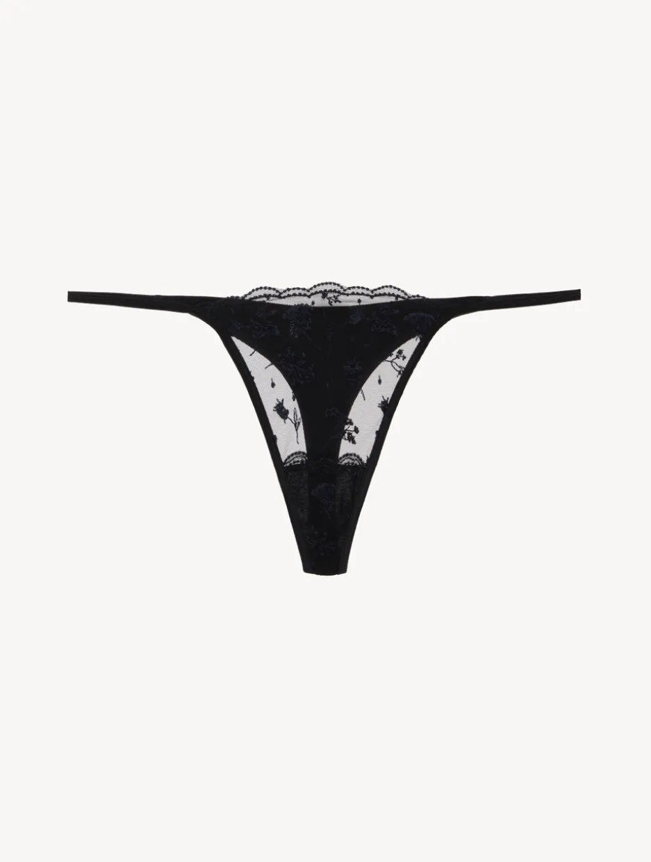Thong In Onyx With Embroidered Tulle