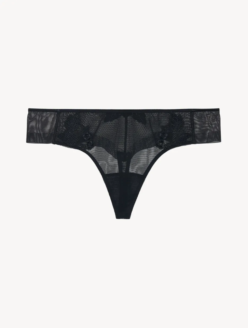 Thong In Sheer Black Embroidered Tulle